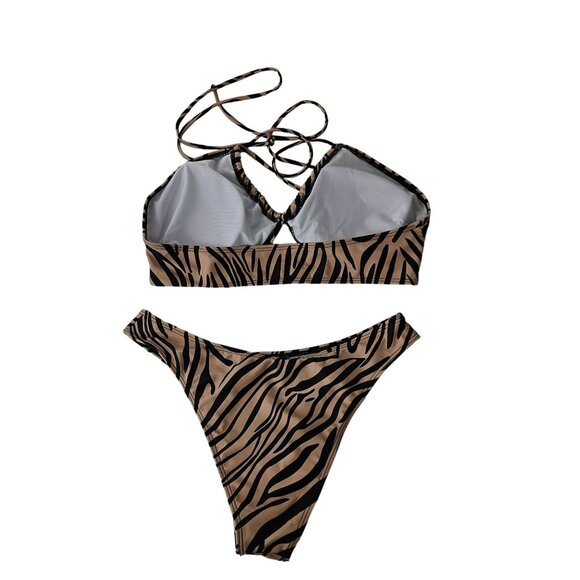 Gorglitter Womens 3 Pc Swimsuit Size L High Waisted Lace Up Zebra Bikini Skirt - Picture 5 of 8